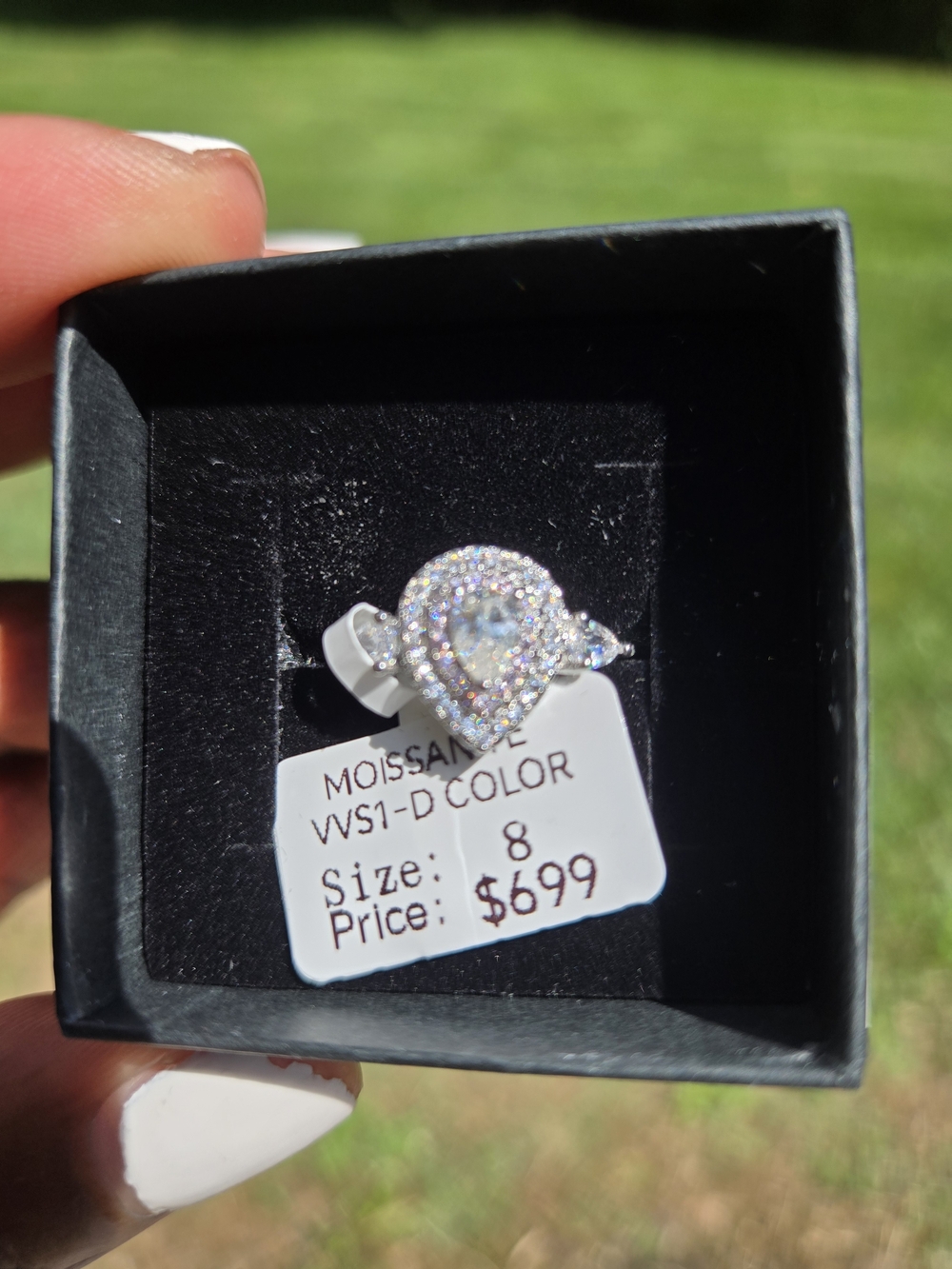 Moissanite Pear Halo Engagement Ring in Silver - Size 8 - Picture 3 of 6